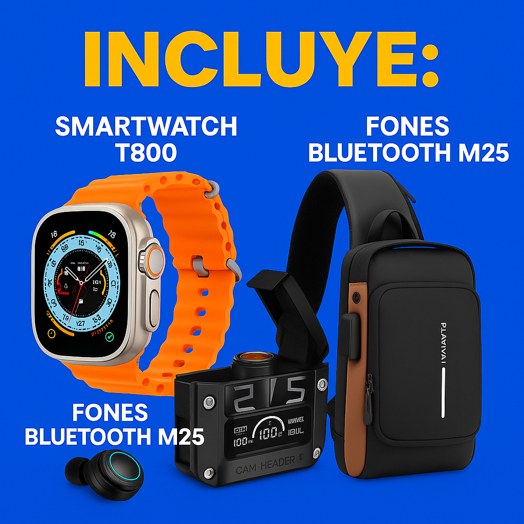 “Combo Salud, Música y Seguridad: Smartwatch T800 + Audífonos M25 + Mochila Antirrobo”
