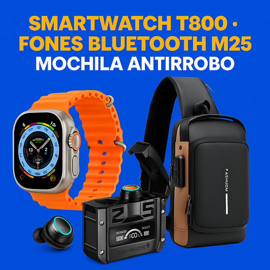 “Combo Salud, Música y Seguridad: Smartwatch T800 + Audífonos M25 + Mochila Antirrobo”