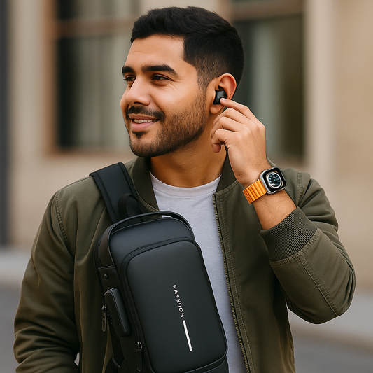 “Combo Salud, Música y Seguridad: Smartwatch T800 + Audífonos M25 + Mochila Antirrobo”
